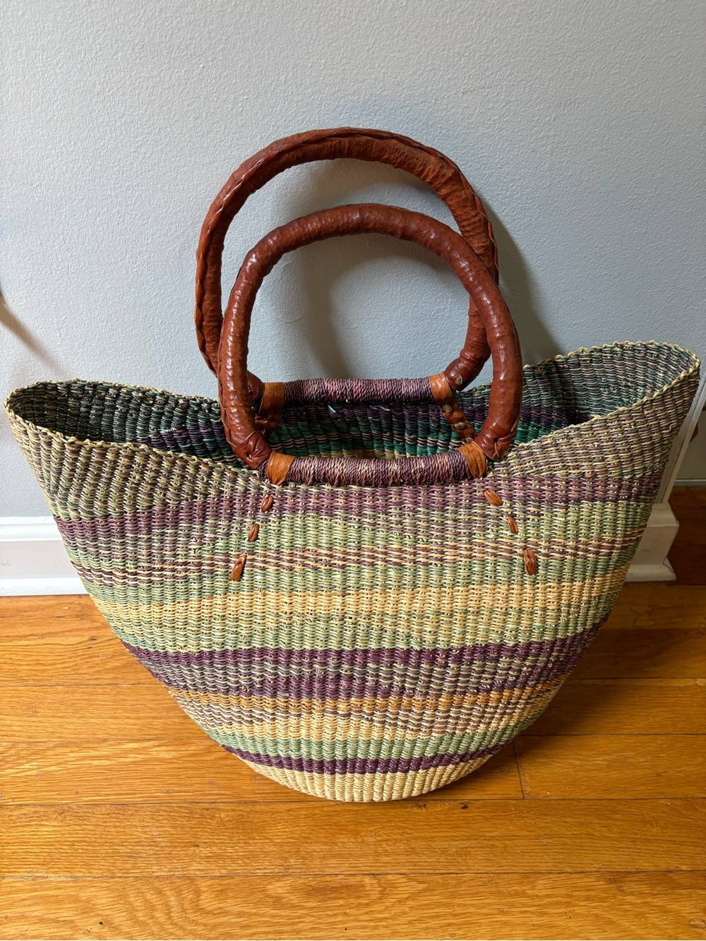 Woven Straw Tote Bag with Leather Handles - Green & Purple